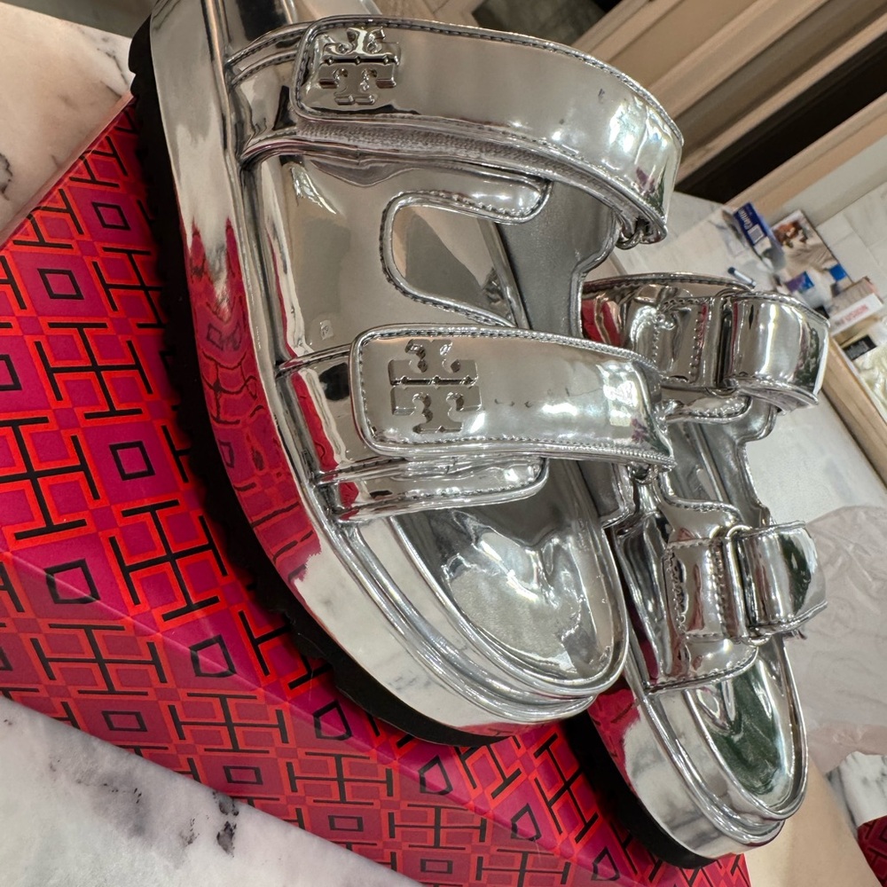 Tory Burch Silver Platform Sport Sandal Slides